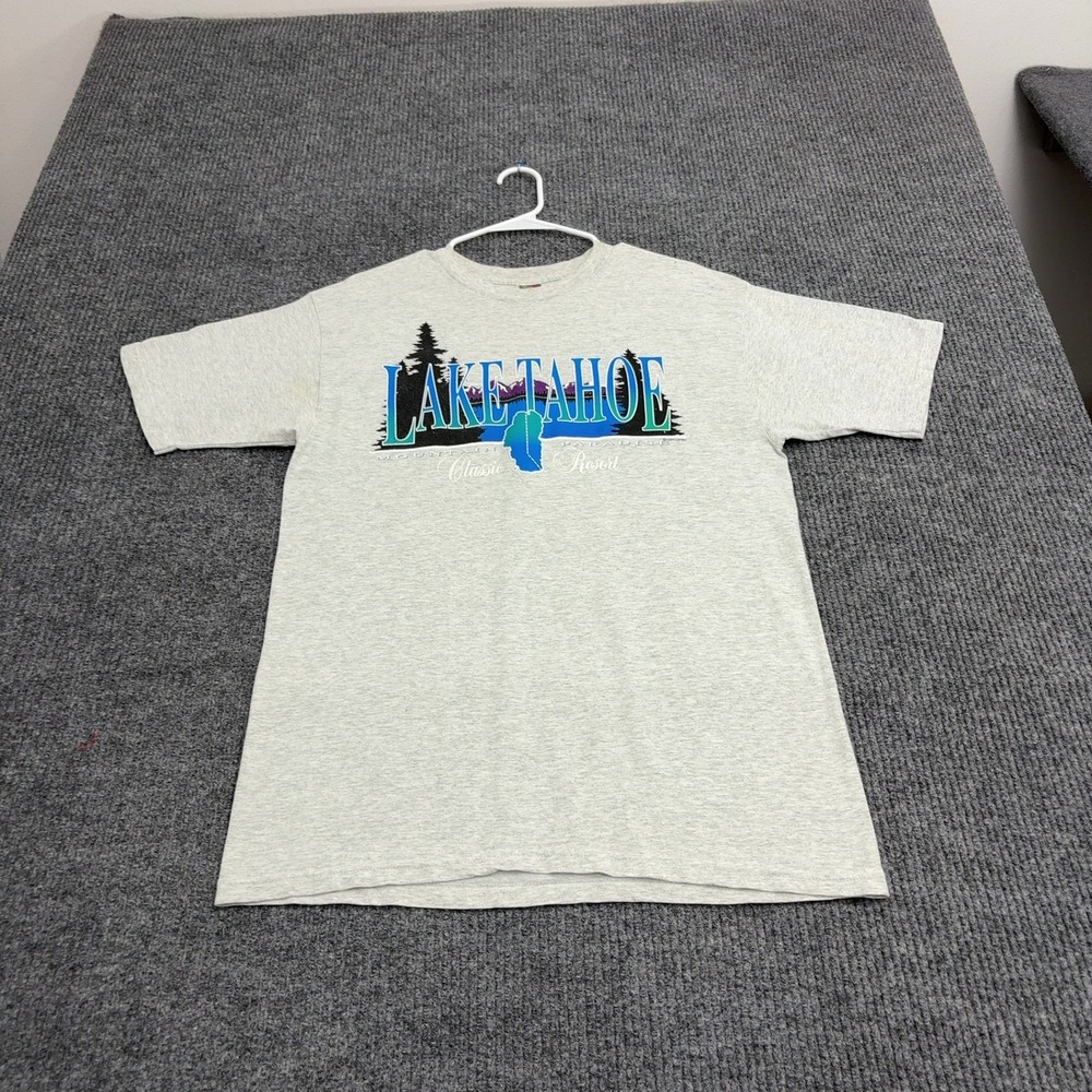 Vintage Fruit of the Loom T Shirt Mens L Gray Cotton Lake Tahoe Resort Graphic